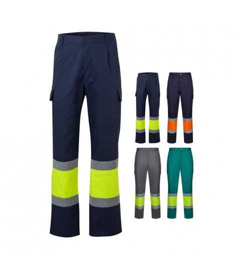 VL ARTEMIS Pantalon bicolor en sarga 190 g m algodon 20 y poliester 80 Pantalon multibolsillos elastico 240 g m